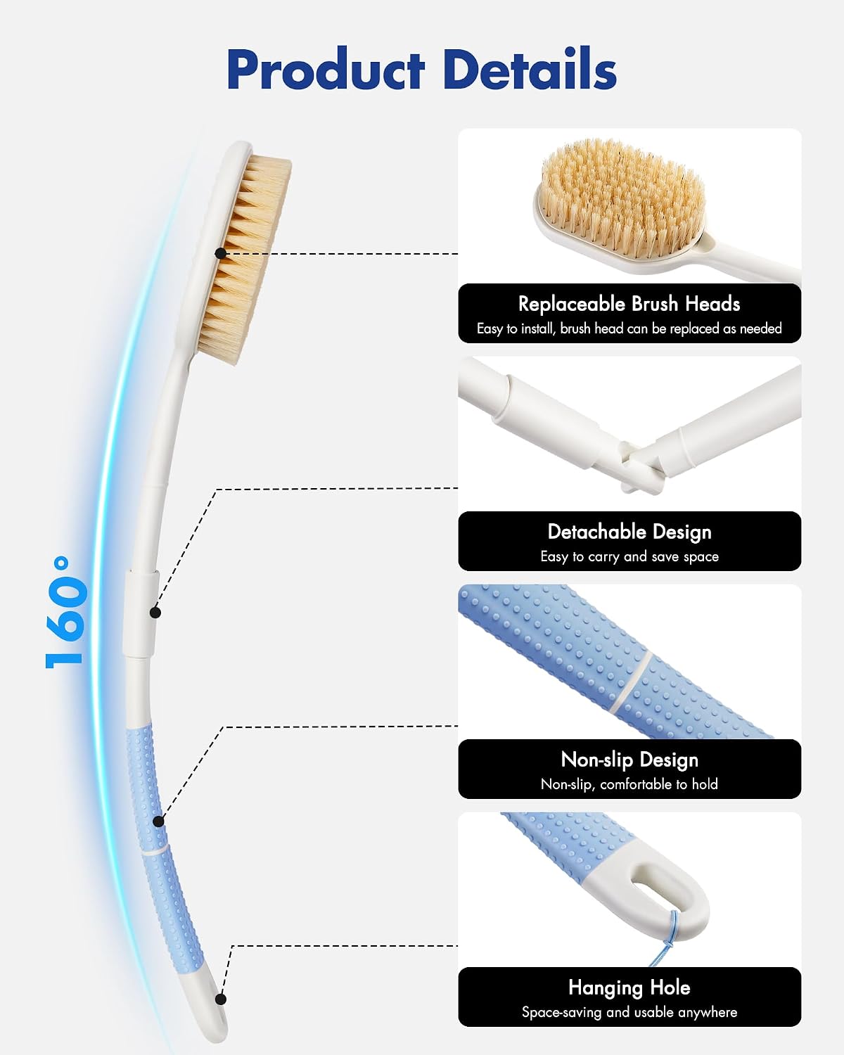Dry Brushing Body Brush for Massage - Natural Boar Bristle Exfoliating Brush with Massage Nodes for Lymphatic Drainage, Cellulite, Blood Circulation Improving Skin Health for Women Men Elderly(Grey)