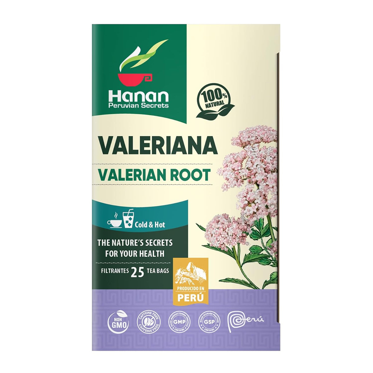 Hanan Peruvian Secrets Valeriana Herbal Tea | 100% Natural Valerian Root | 25 Tea Bags | Naturally Aids in Relieving Occasional Stress, Tension | Safely Promotes Sleep and Relaxation