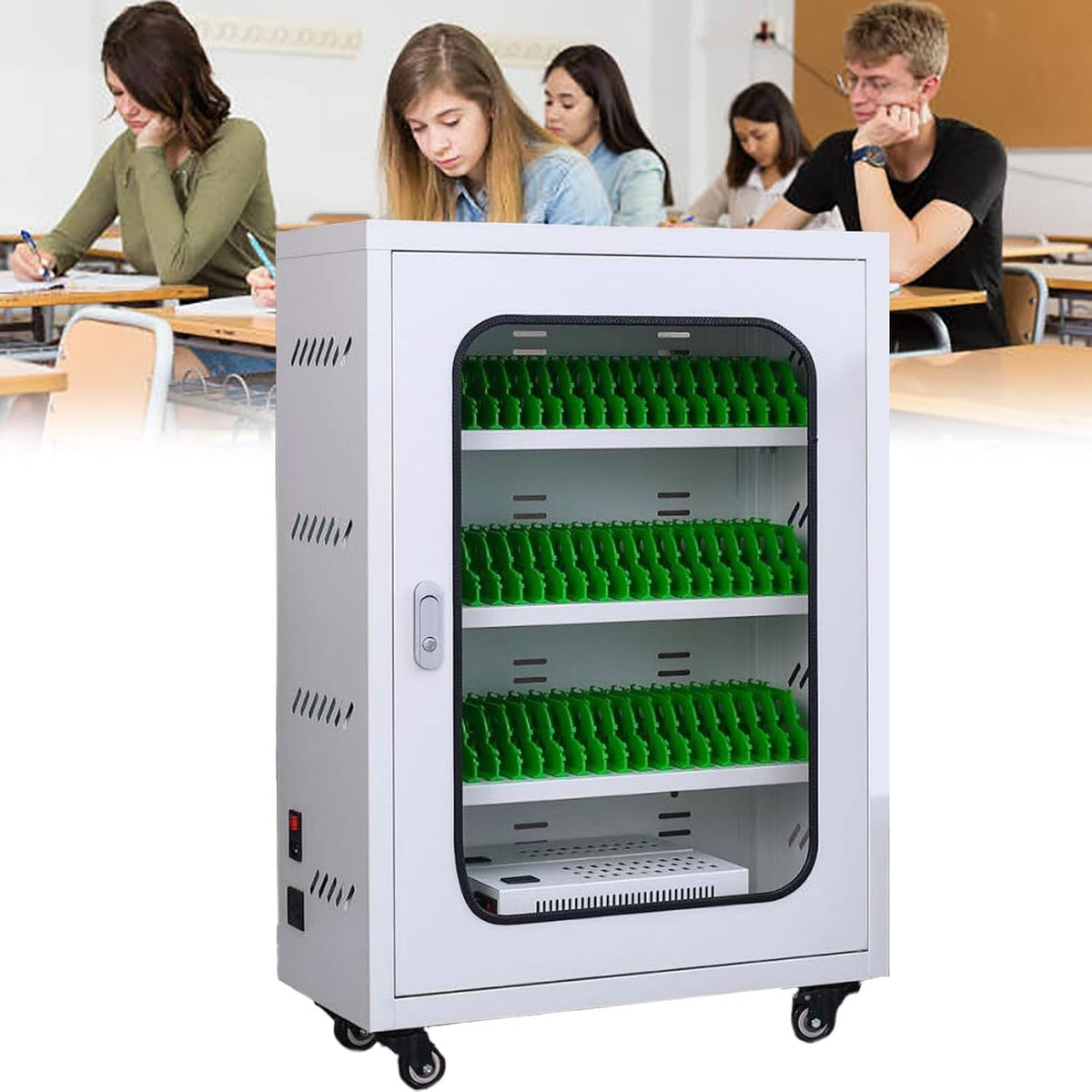 Portable Wall-Mounted Phone Storage Cabinet with Rechargeable Function and Universal Wheels, Secure Charging Station for Multiple Devices, Ideal for Offices and Publ,40slots