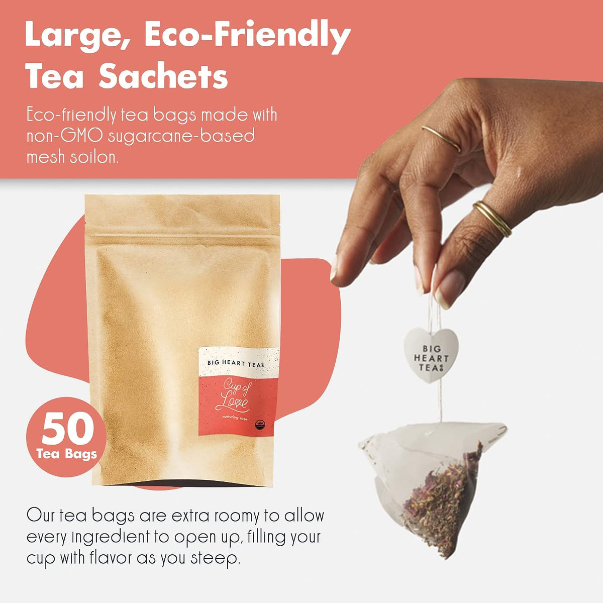 Big Heart Tea Co. Tea Bags - Cup of Love Red Rose - Certified Organic, Floral Ayurvedic Herbal Decaf Tea in Zero Plastic Sachets with Small Batch Ground Herbs, Adaptogenic Tulsi, 50 Pack