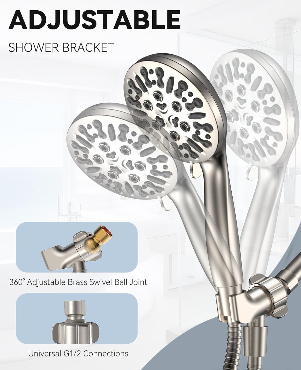 6-Setting Shower Head with Handheld, JDO High Pressure Hand held Shower Head, 4.7 Inch Chrome Detachable Showerhead Set with 59 Inch Stainless Steel Hose and Adjustable Showerhead Holder