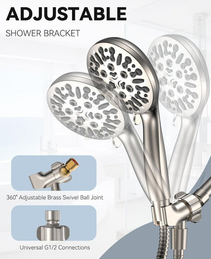 6-Setting Shower Head with Handheld, JDO High Pressure Hand held Shower Head, 4.7 Inch Chrome Detachable Showerhead Set with 59 Inch Stainless Steel Hose and Adjustable Showerhead Holder