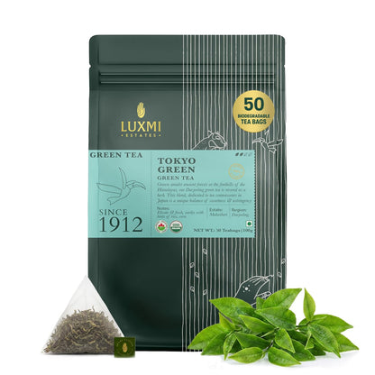 Luxmi Estates Tokyo Green Organic Green Tea (50 Tea Bags) Tea Bags For Relaxing, Calming, and Stress Relief, With Certified Organic Darjeeling Makaibari Green Tea