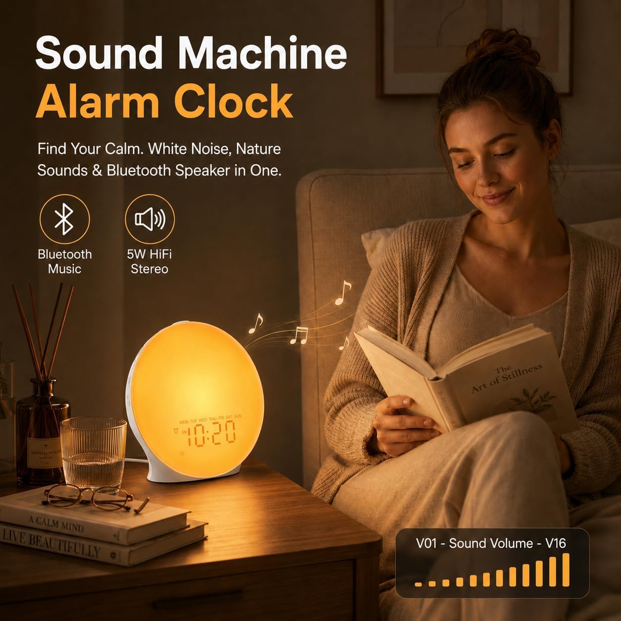 JALL Sunrise Alarm Clock White Noise Machine with 25 Nature Sleep Sounds, Fully Dimmable Clock for Bedrooms, Heavy Sleepers, 17 Light Modes, Bluetooth Speaker