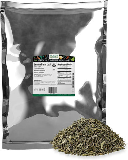 Frontier Co-op Organic Lemon Balm Leaf, Cut and Sifted, Kosher, Bulk Bag - Dried Lemon Balm Herb Loose Leaf Tea - Melissa Tea, Toronjil | 16 Ounce (Pack of 1)
