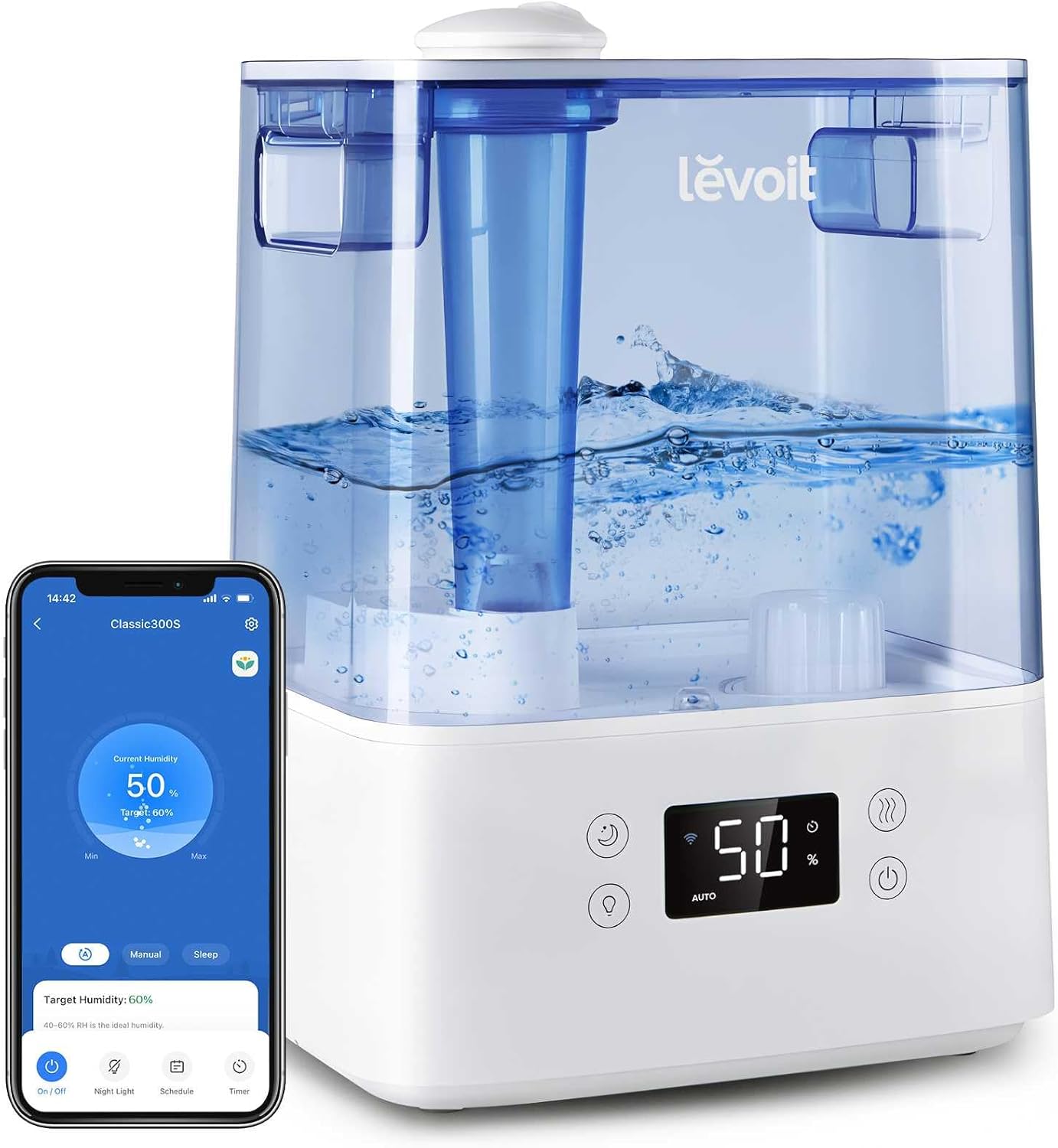 LEVOIT Humidifiers for Bedroom Large Room Home, (6L) Cool Mist Top Fill Essential Oil Diffuser for Baby & Plants, Smart App & Voice Control, Rapid Humidification & Auto Mode - Quiet Sleep Mode, Gray