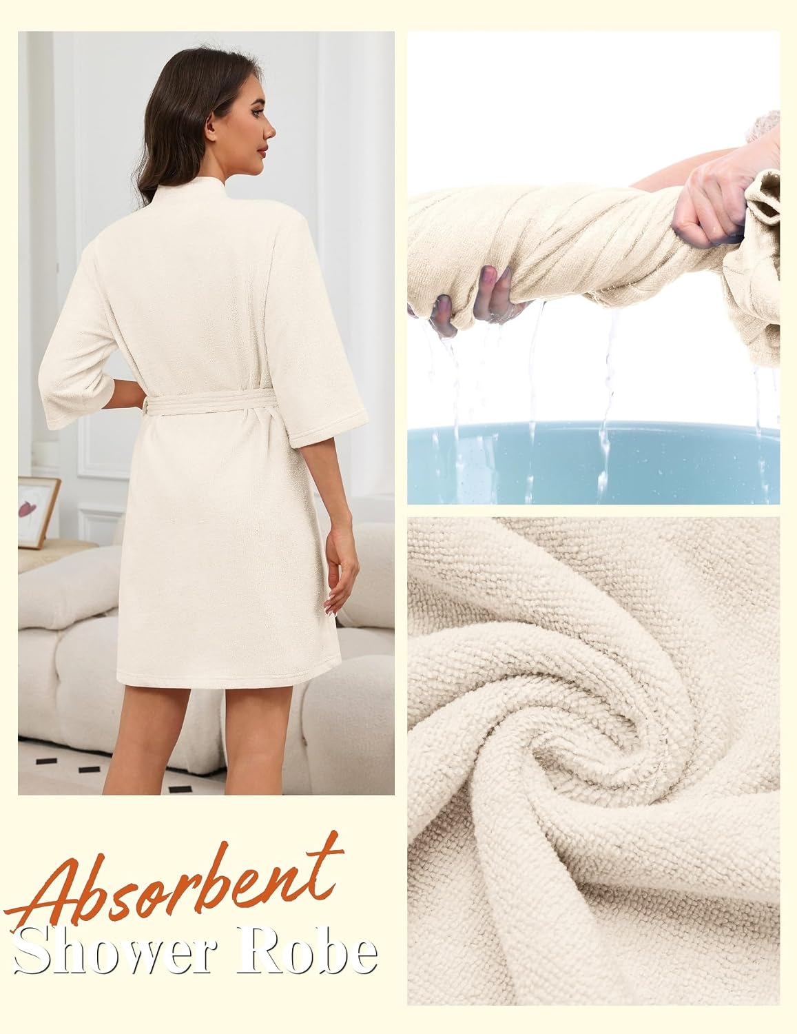 Ekouaer Women Terry Cloth Robes Absorbent Towel Robe Knee Length Soft Bathrobe 3/4 Sleeve Spa Robe with Pockets S-2XL
