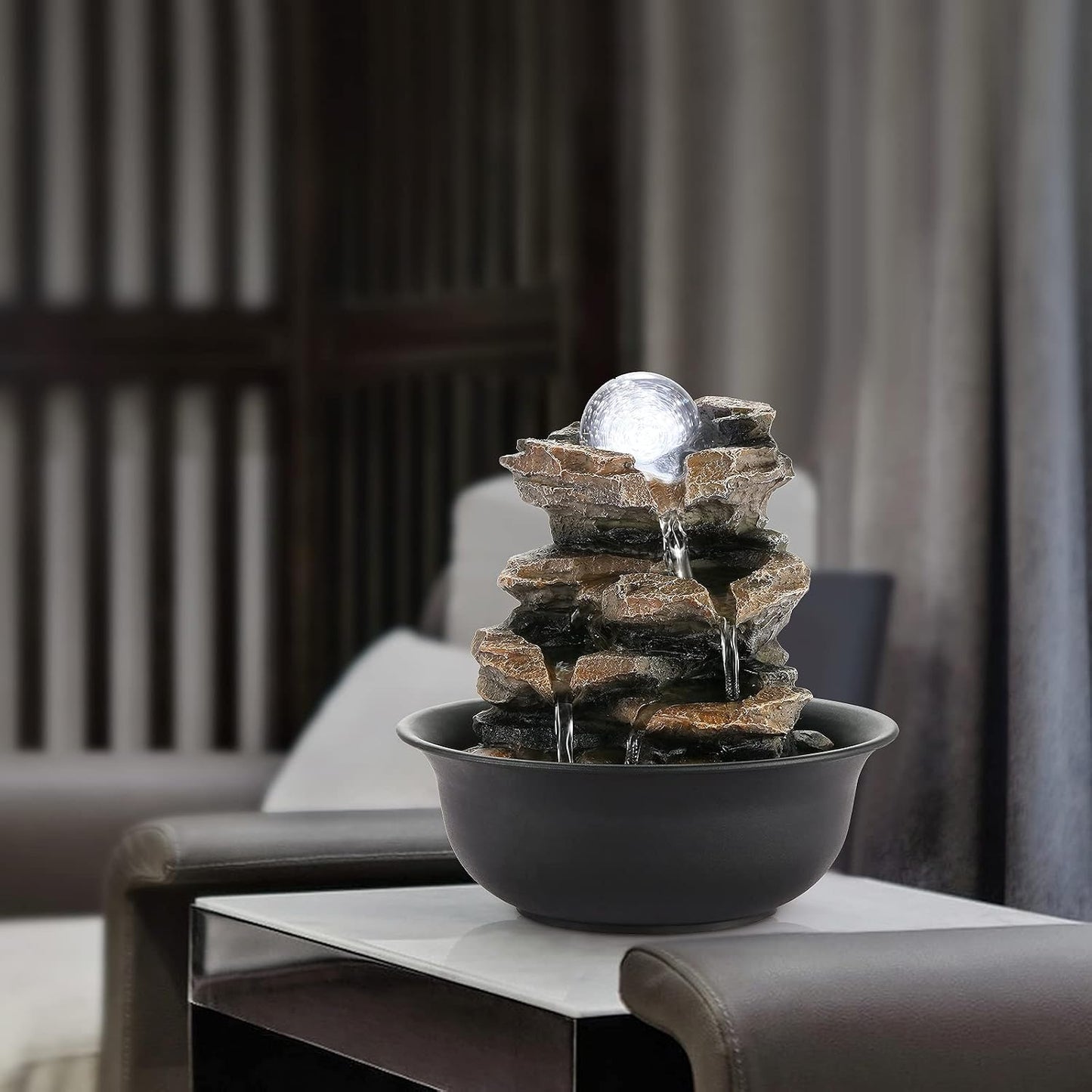 WICHEMI Indoor Fountain Tabletop Fountain Waterfall Fountains Stacked Rocks | Desktop Fountain With LED Light, Soothing Sound, Stress Relief, Humidifies Air, No Plumbing, Easy Setup, 11.8"X8.7"X5.9"