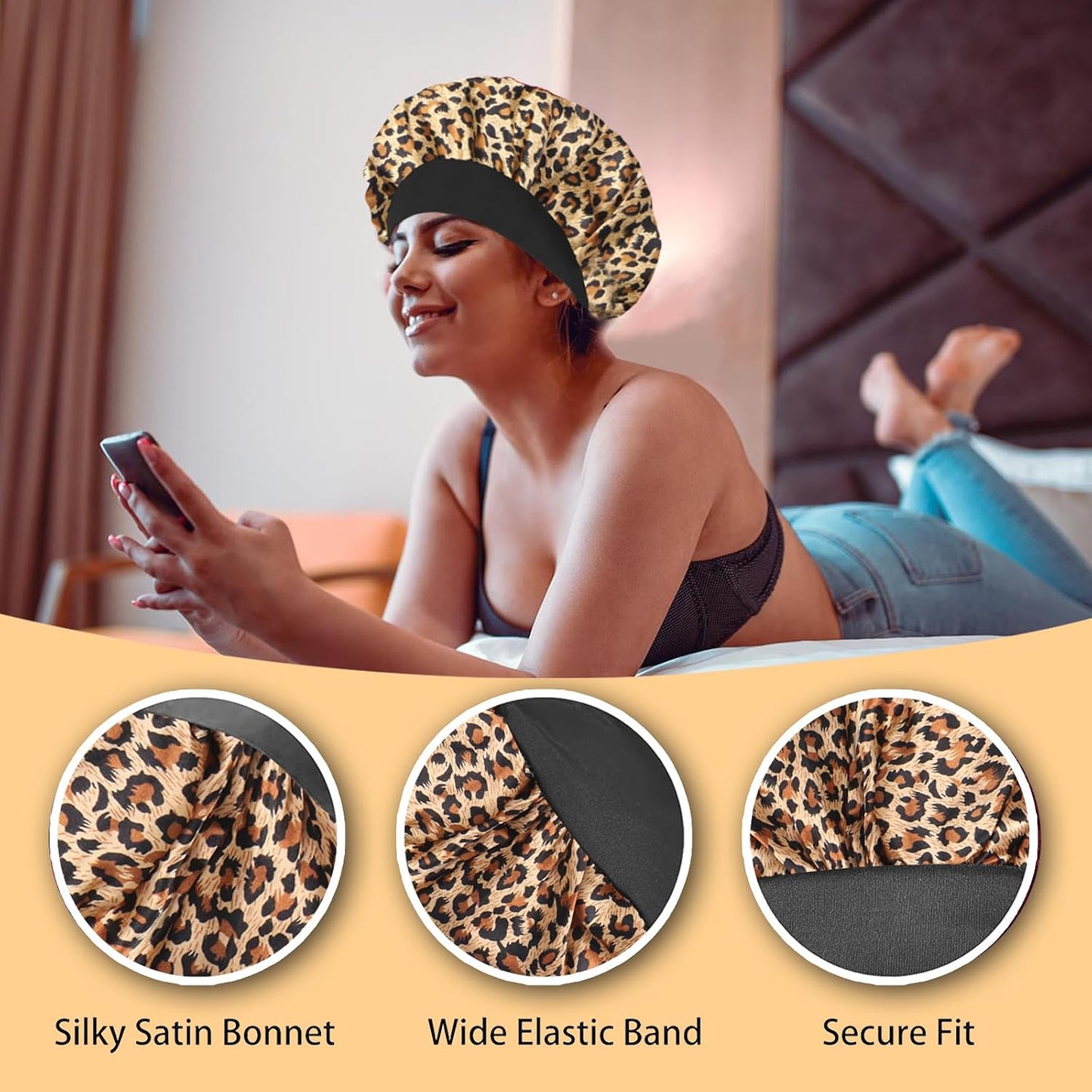 4PCS Silk Satin Bonnets for Black Women & Men - Elastic Wide Band Hair Wrap Cap for Curly Hair - Shower Cap for Sleeping (Black, Peacock Blue, Pink, Khaki)