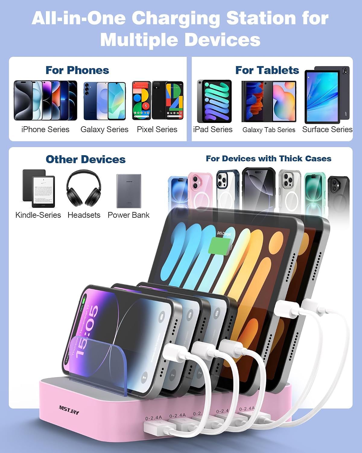 MSTJRY Charging Station for Multiple Devices : 5 Port Multi USB-A Charger Stations Multi-Device Organizer Charging Dock Designed for iPhone iPad Cell Phone Tablets (7 Short Cables Included)