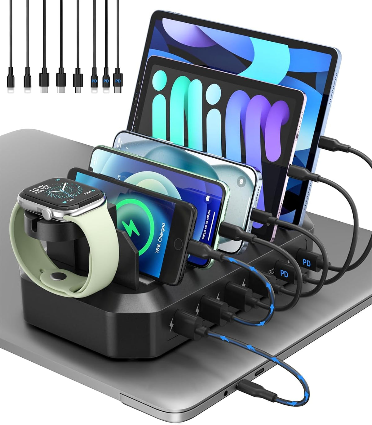 95W USB Charging Station for Multiple Devices 6-Port Charger Organizer Dock