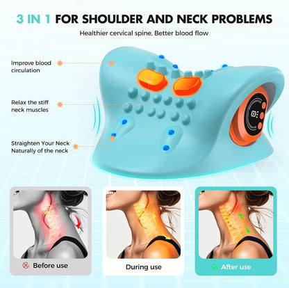 Smedz Neck Massager 2026, 4-in-1 Neck & Shoulder Massager with Multi-Directional Stretch, Heating & Vibration, 360° Remote Control–Ergonomic for Home, Office, Car Travel‌（Sky Blue‌）