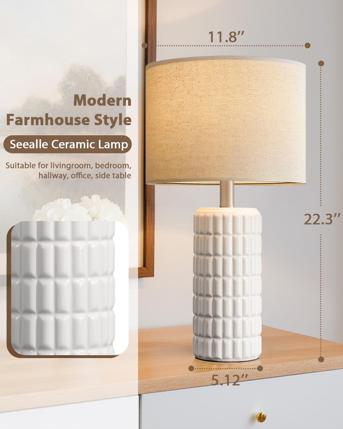 Seealle 23" Modern Ceramic Table Lamps Set of 2 - Table Lamps for Living Room, Farmhouse Bedside Night Stands Lamp for Bedroom, White Nightstand Lamps Set of 2, Desk Lamp for End Table Home Decor