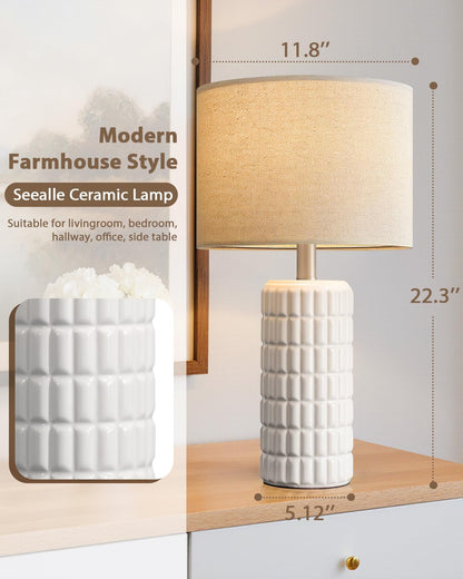 Seealle 23" Modern Ceramic Table Lamps Set of 2 - Table Lamps for Living Room, Farmhouse Bedside Night Stands Lamp for Bedroom, White Nightstand Lamps Set of 2, Desk Lamp for End Table Home Decor