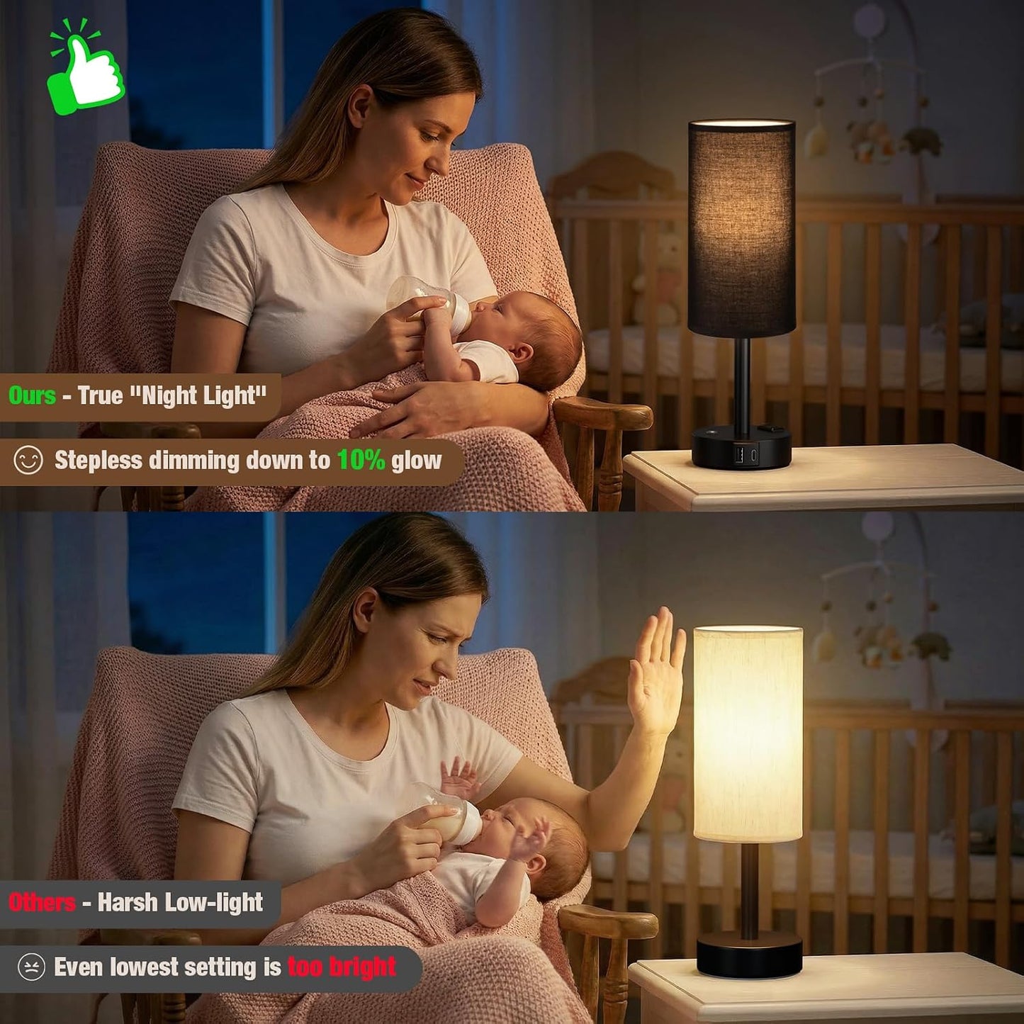 Touch Bedside Table Lamp with Memory - Stepless Dimmable Lamp for Bedroom, Small Nightstand Lamp with Dual USB Charging Ports and AC Outlet, Wood Night Light, Desk Lamp for Nursery, Living Room, Dorm