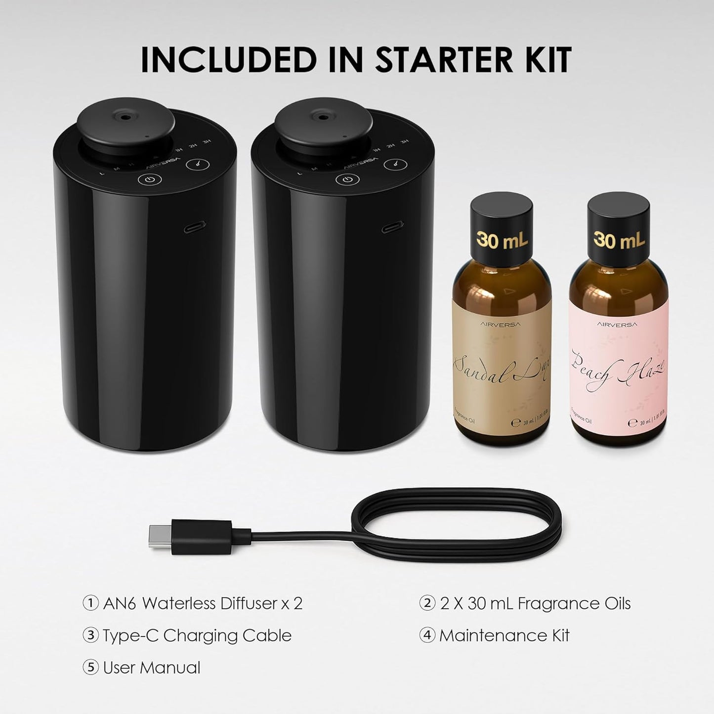 Airversa Waterless Essential Oil Diffuser Starter Kit with 4 x 10mL Hotel Scent Fragrance Oil, Battery Operated Mini Scent Air Machine Portable Diffuser for Home Car Office, AN8 Kit Black