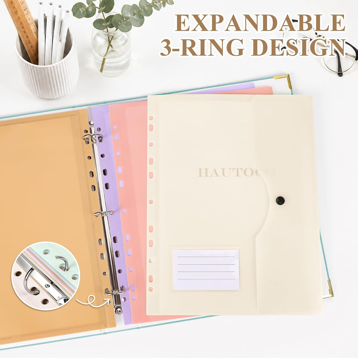 HAUTOCO PU Leather 3-Ring Important Document Organizer Folder Binder