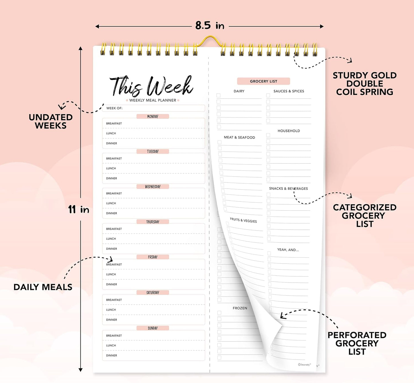 Decorably 52 Sheets Pastel Undated Magnetic Weekly Meal Planner and Grocery List Notepad with 4 Strong Magnets - 8.5x11in Spring-Bound, Refrigerator Mountable, Easy Tear-Off Design