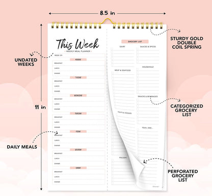Decorably 52 Sheets Pastel Undated Magnetic Weekly Meal Planner and Grocery List Notepad with 4 Strong Magnets - 8.5x11in Spring-Bound, Refrigerator Mountable, Easy Tear-Off Design