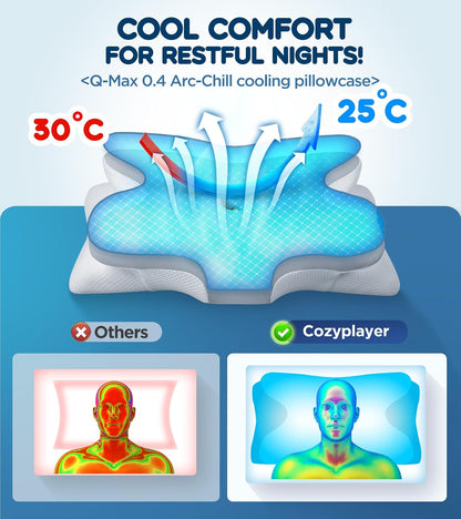 Cozyplayer True Cooling Cervical Neck Pillow for Pain Relief, Ergonomic Side Sleeper Pillow for Neck Support, Odorless Orthopedic Contour Memory Foam Pillows, Bed Pillow for Back Stomach Sleeper