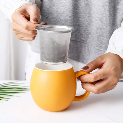 Yundu 12 OZ Matte Green Ceramics Teacup with Infuser and Lid, Mug with Lid for Steeping - Stainless Steel Infuser for Loose Leaf Tea, Home Office Gift for Tea Lovers
