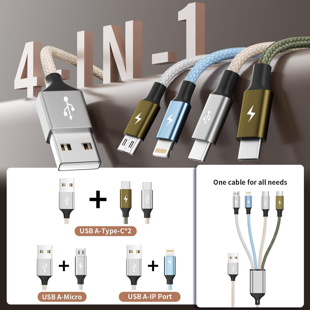 4 in 1 Multi Charging Cable, 5FT Charging Cords for Multiple Devices