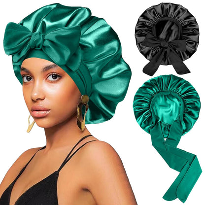 2Pcs Silk Hair Satin Bonnet for Sleeping Women,Large Satin Sleep Bonnets for Women with Elastic Tie Band Silk Hair Wrap with Ajustable Straps,Night Sleep Cap for Curly Braids,Black+Rose Gold