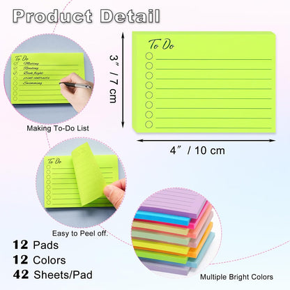 HQCME 12 Pads to Do List Sticky Notes, 504 Sheets, 3x4 Inch with Line Adhesive Memo, 12 Bright Multi Colors Lined Self-Stick Note Pads, to Do List Notepad, Easy to Use for Home, Office, Notebook