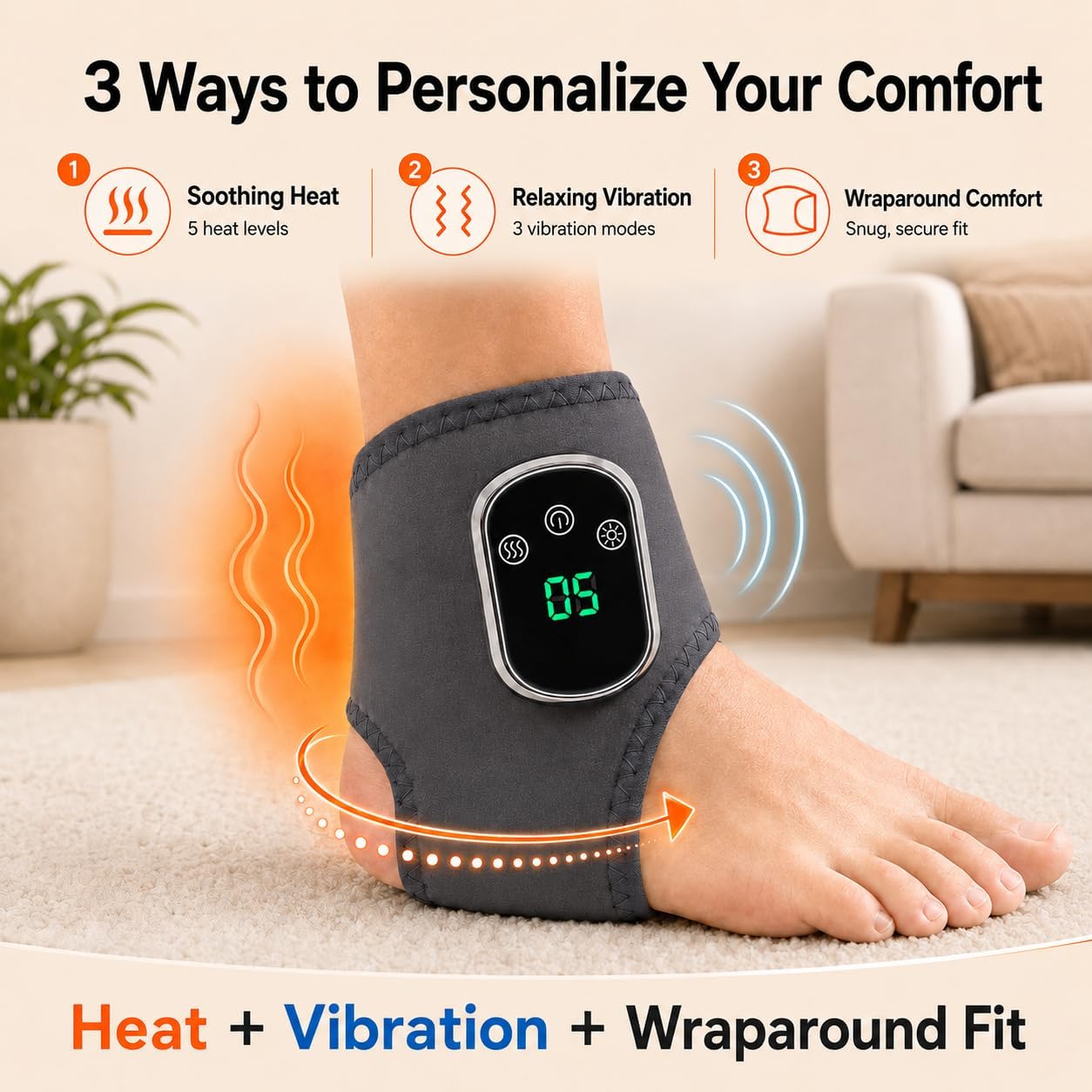 Gouzfca Foot Massager - Electric Ankle Massager, Cordless Design with 3 Vibration Modes, 5 Heat Levels (40°C–60°C) & 30 Min Timer, Home & Travel Use (Grey, 1pc)