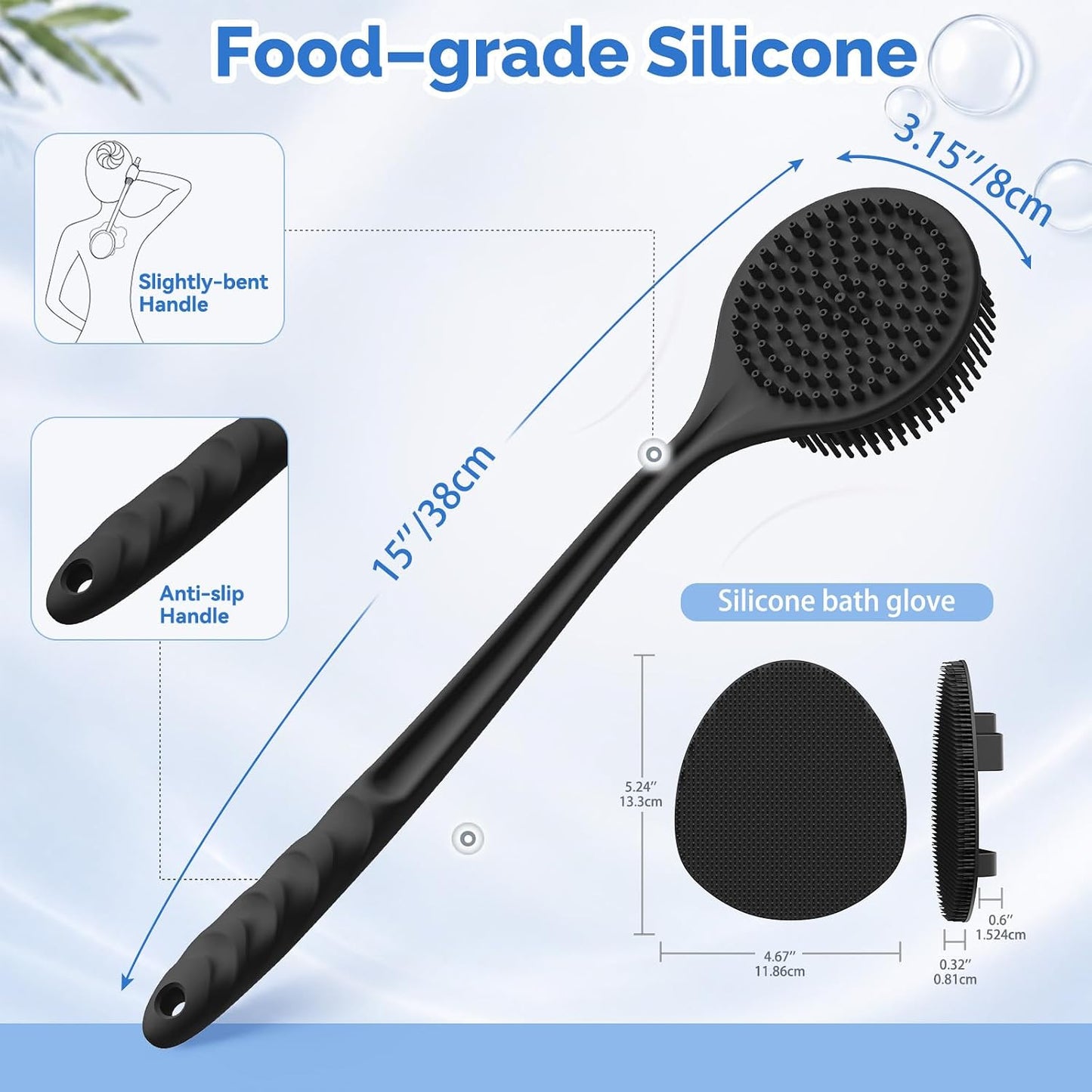 Manmihealth Silicone Back Scrubber (Thick Bristles) & Bath Glove & Face Brush Set (3PCS), Super-Exfoliating & Lathering Body Scrubber, Shower Brush, Face Scrubber Combination, with a Free Hook (Black)