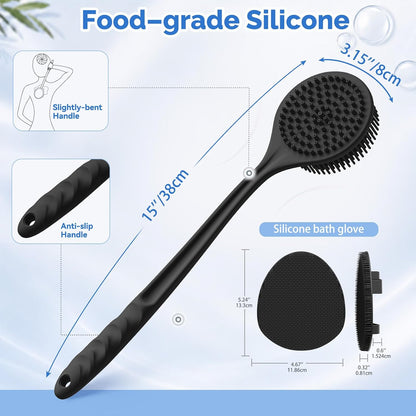 Manmihealth Silicone Back Scrubber (Thick Bristles) & Bath Glove & Face Brush Set (3PCS), Super-Exfoliating & Lathering Body Scrubber, Shower Brush, Face Scrubber Combination, with a Free Hook (Black)