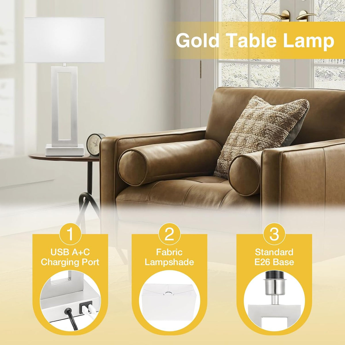 Gold Table Lamps Set of 2, 16.4" Bedside Lamps for Nightstand with USB C+A
