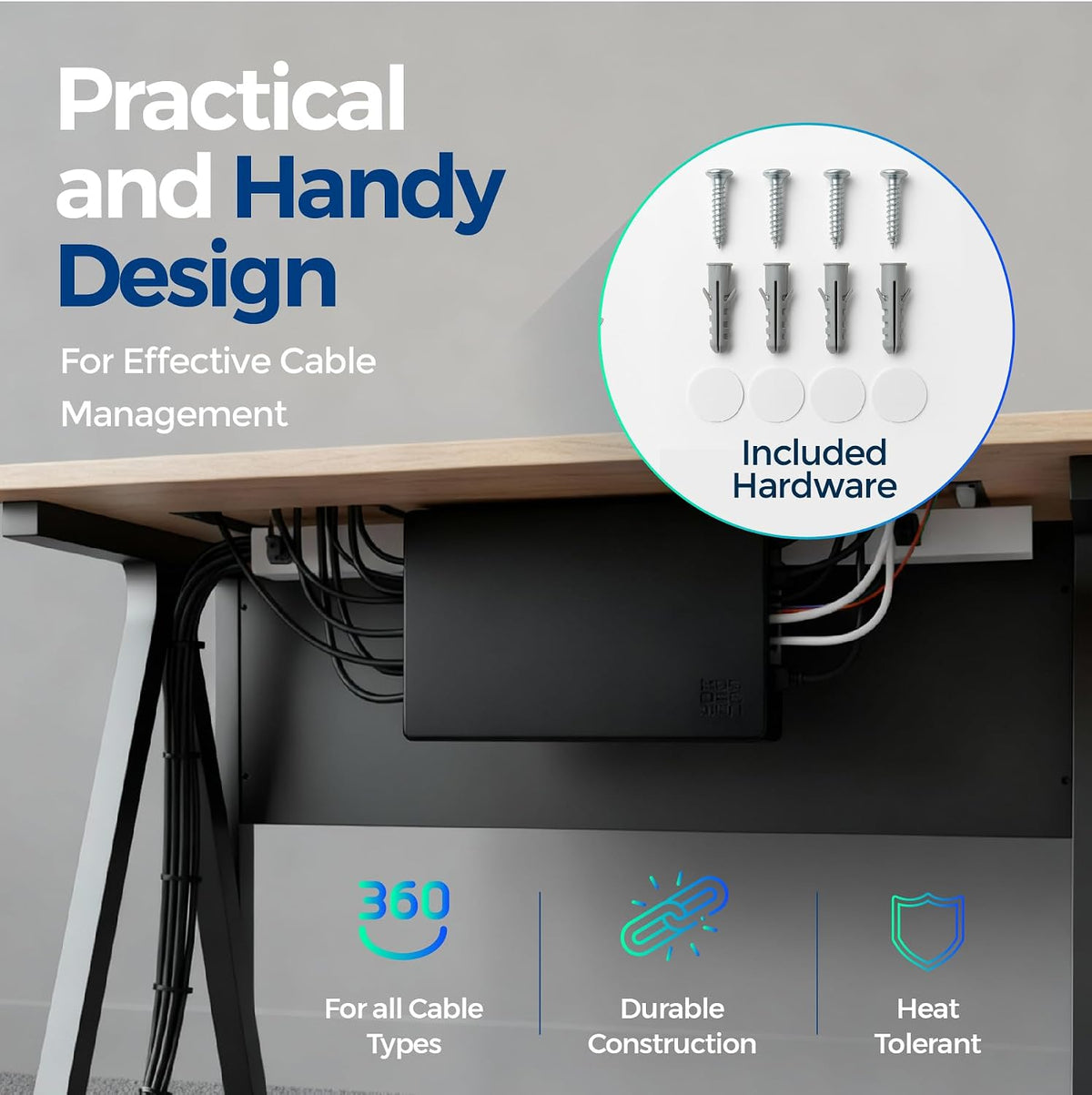 Cable Management Box ABS 12.6x7.9x4.5in, White, Mounting Kit Included