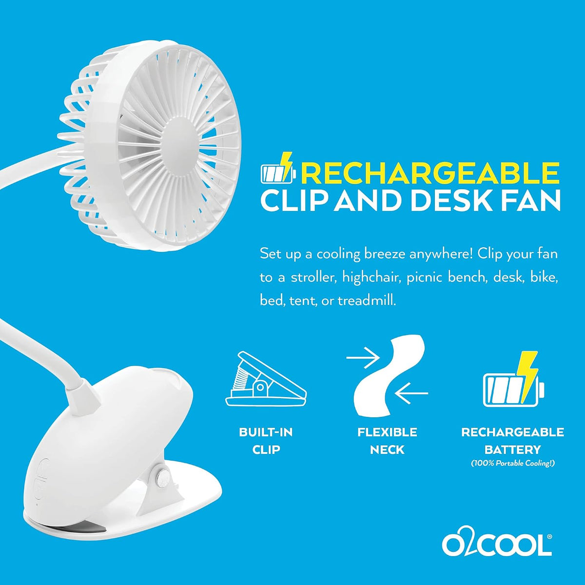 O2COOL Rechargeable USB Battery Clip Fan with Gooseneck 3-Speed