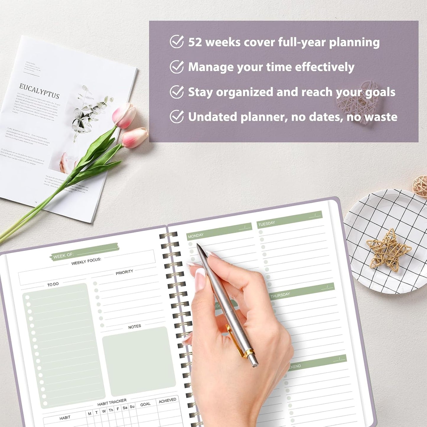 Undated Weekly Planner, Weekly To Do List Notebook, A5 Daily Planner | Office School Supplies, Spiral Binding, Inner Pocket, Goal, Organizer, Habit Tracker