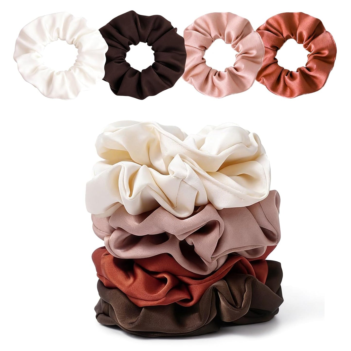 Satin Scrunchies for Women – 8PCS Blush & Brown Silk Hair Ties Set – No Crease, Frizz-Free, Gentle Elastic Hair Bands, Soft & Stylish Everyday Hair Accessories Gifts