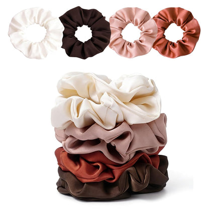 Satin Scrunchies for Women – 8PCS Blush & Brown Silk Hair Ties Set – No Crease, Frizz-Free, Gentle Elastic Hair Bands, Soft & Stylish Everyday Hair Accessories Gifts