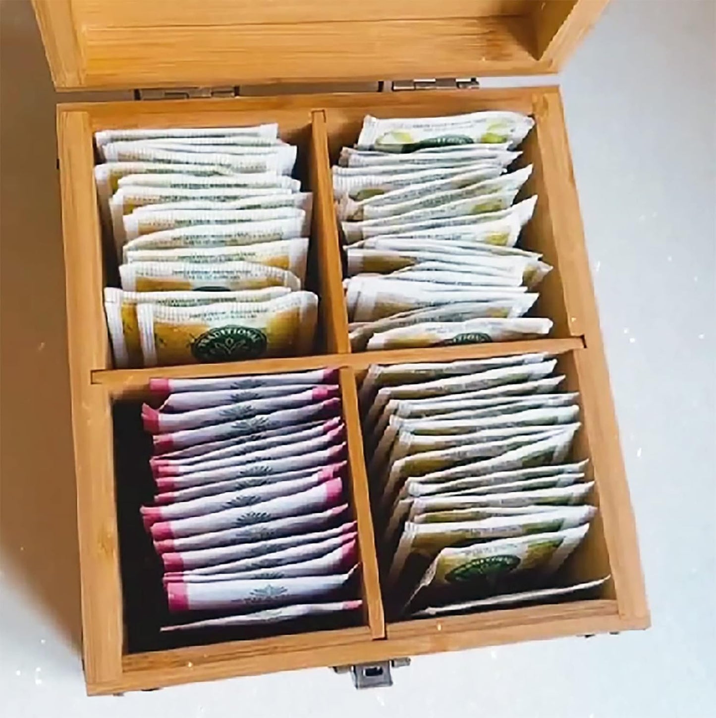 Tea Organizer Box Food Safe Chemical Free Bamboo Wood Storage Chest Big, Tall, Adjustable Cubbies (8-Slot 14.3" x 8.1" x 4.2" with TEA print design)