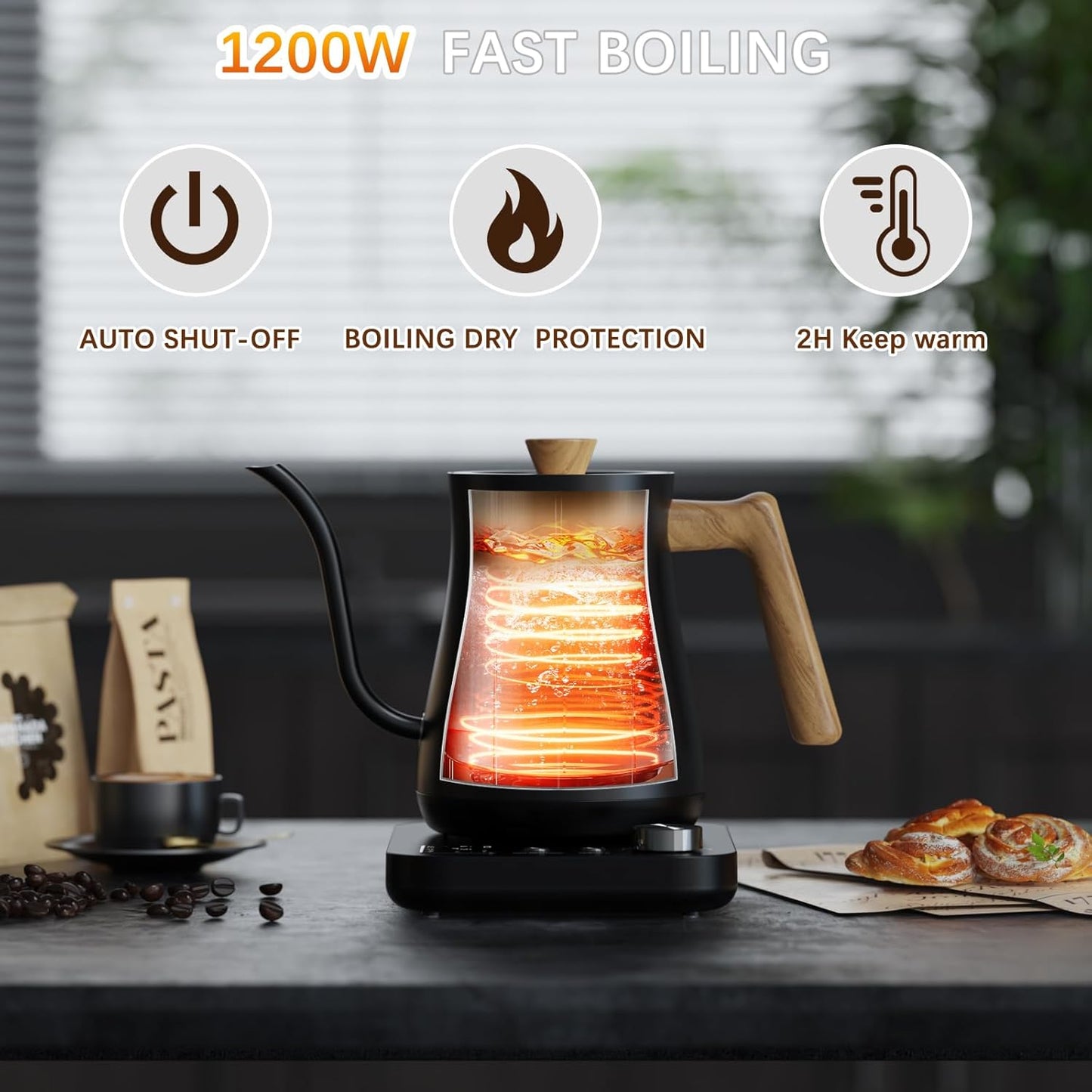 Gooseneck Electric Kettle, Electric tea Kettles, ±1℉ Temperature Control for Pour-Over Coffee & Tea Brewing, Stainless Steel Inner, Quick Heating, Boil Hot Water, 1200W/0.8L (Black Wooden)