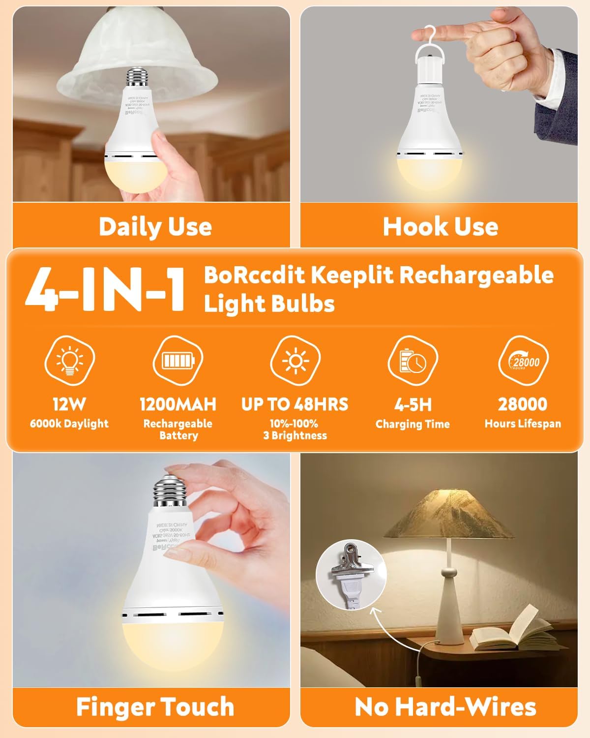 BoRccdit KeepLit 8 Pack Emergency Rechargeable Light Bulbs, 48H Long Lasting & 3 Brightness Power Outage Lights,12W 5000K Battery Backup Emergency Light Bulbs for Home Power Failure Hurricane