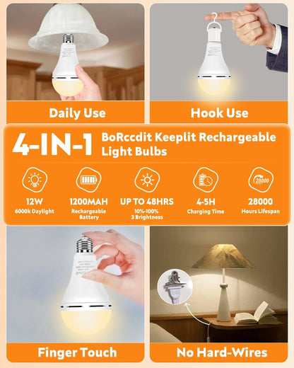 BoRccdit KeepLit 8 Pack Emergency Rechargeable Light Bulbs, 48H Long Lasting & 3 Brightness Power Outage Lights,12W 5000K Battery Backup Emergency Light Bulbs for Home Power Failure Hurricane