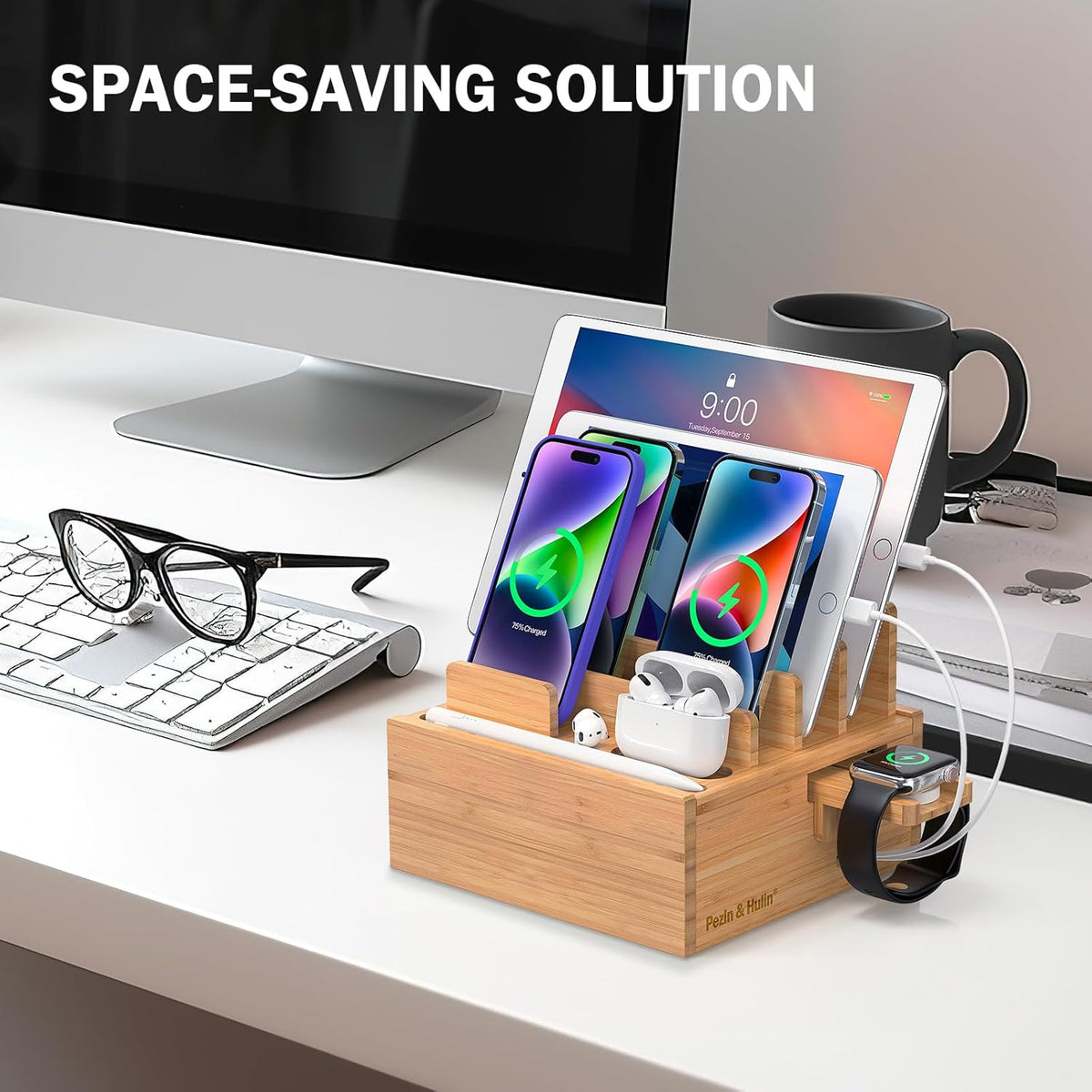 Bamboo Charging Station for Multiple Devices with USB Charger, 5 Cables