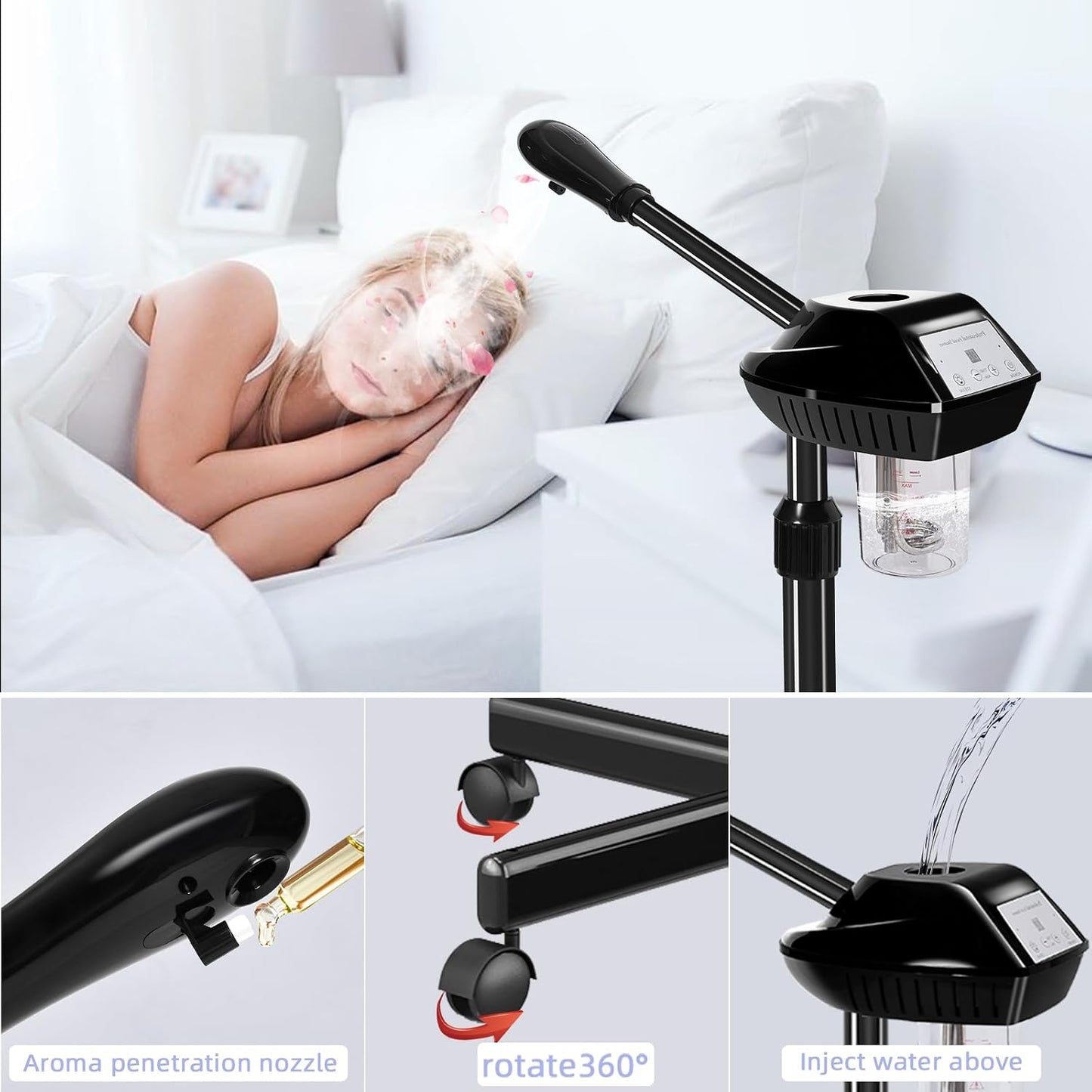 Facial Steamer Professional with More Steam for Deep Cleansing and Hydration, Estheticians Steamer on Wheels with Time Setting, Face Steamer Adjustable Height for Beauty, Spa and Home Use（Golden）