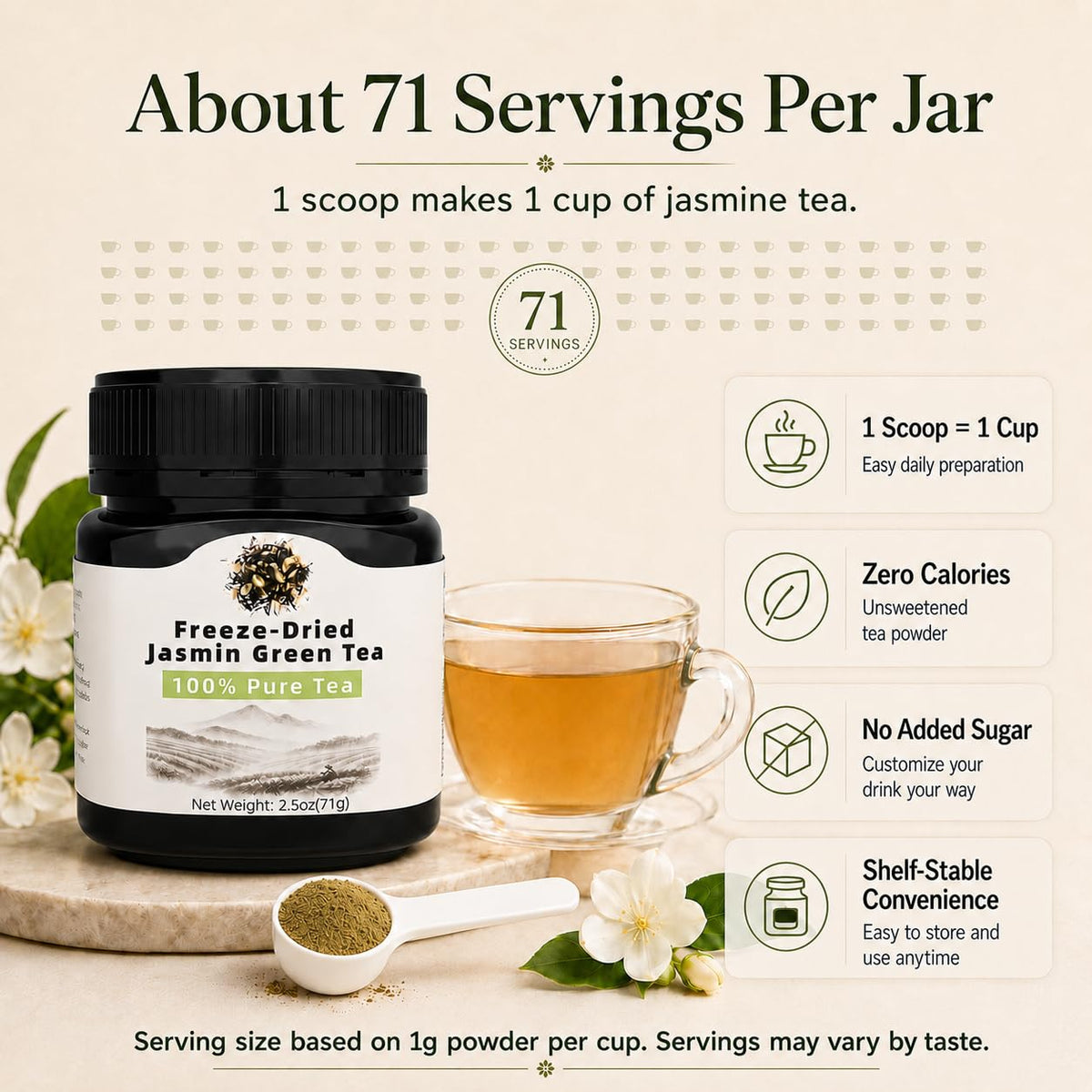 EAST NATURHUS Jasmine Tea Powder Instant Freeze-Dried, No Sugar 71Servings
