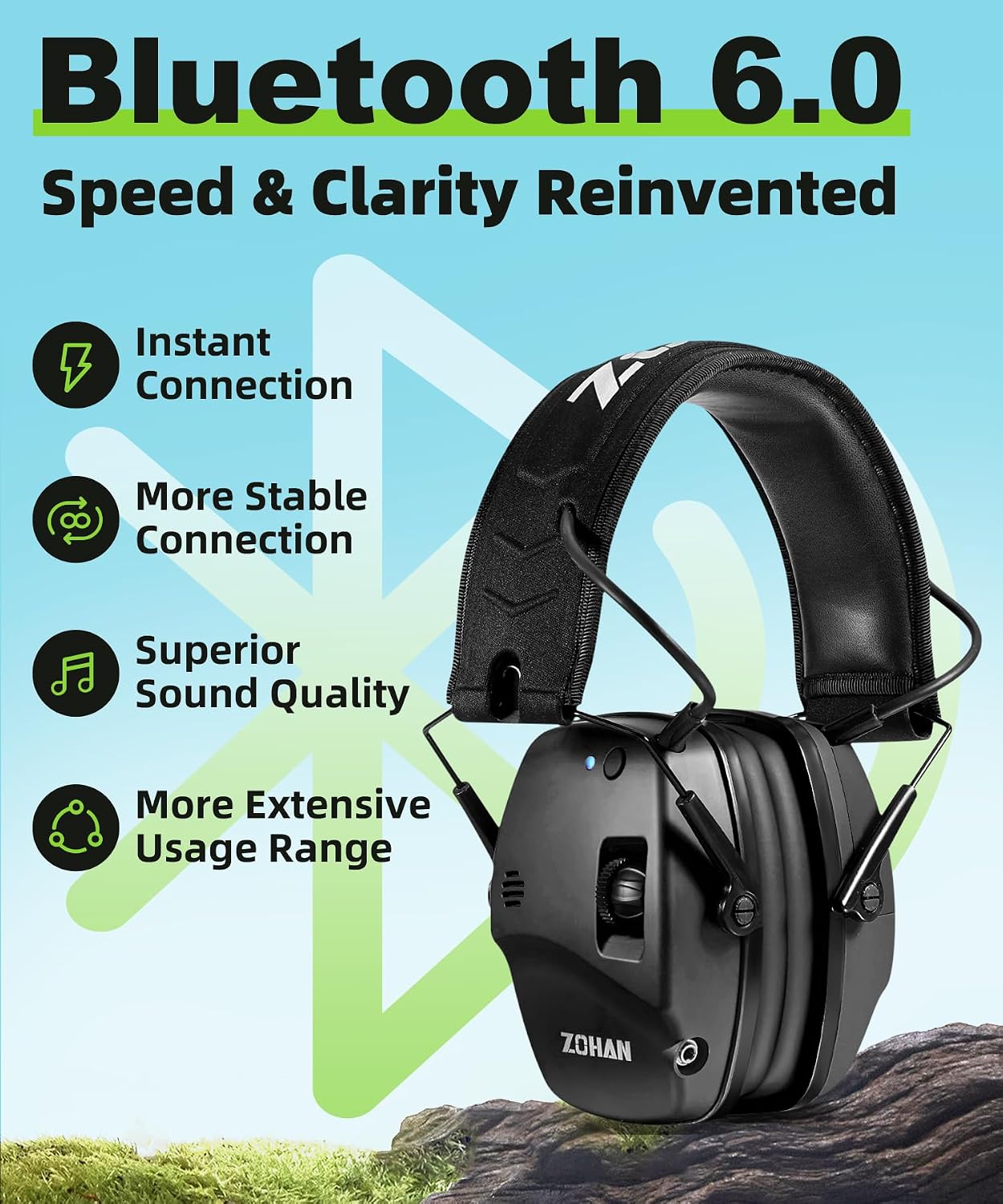 ZOHAN 035 Bluetooth 6.0 Shooting Ear Protection Earmuff, Active Noise Canceling, Hearing Protection with Sound Amplification (Green Bluetooth)