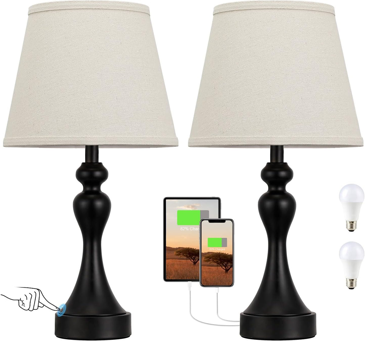 Touch Lamps for Nightstand, 3 Way Dimmable Bedside Lamps with USB C+A Ports
