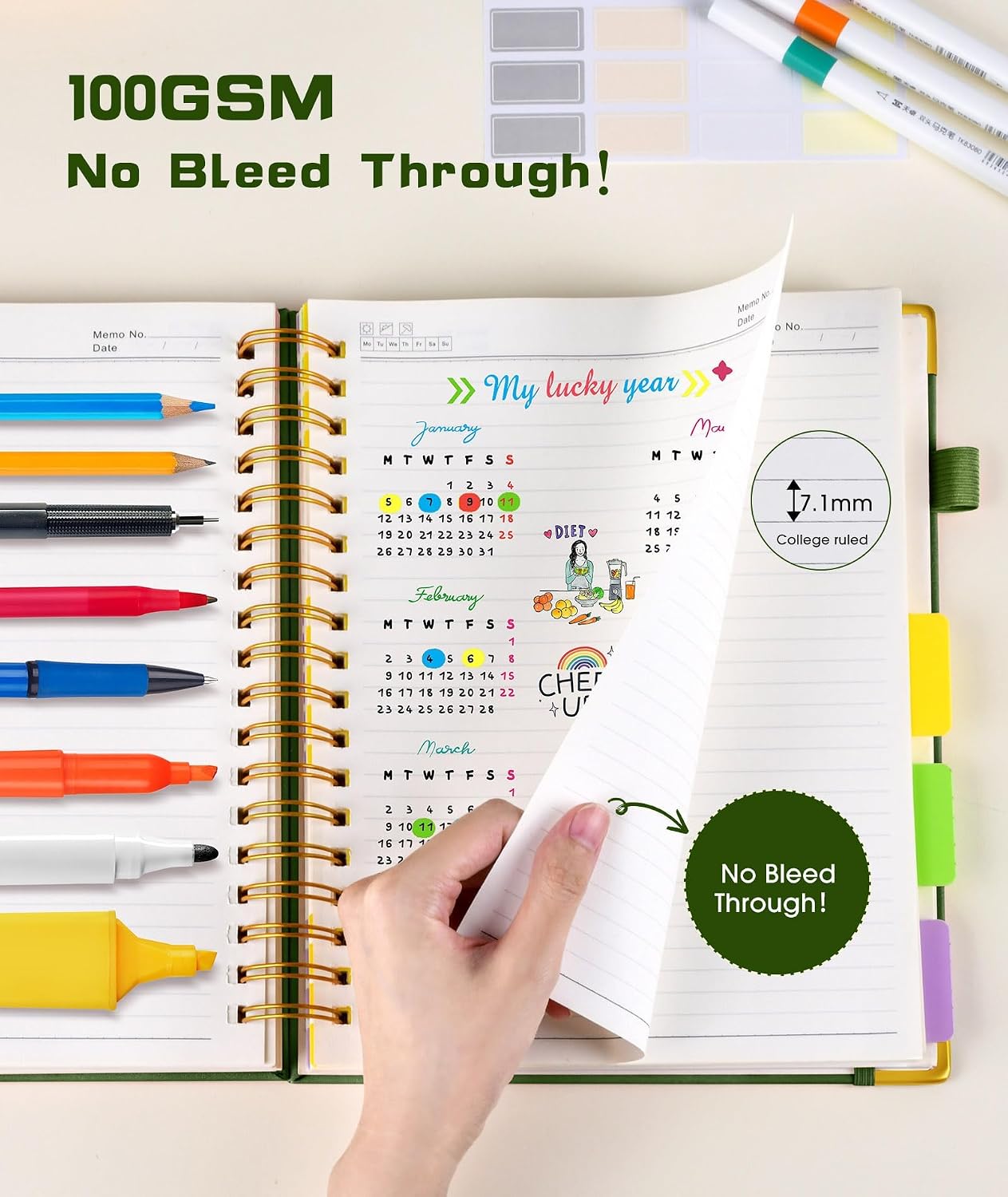 Hardcover Spiral Notebook journal with Removable Dividers Tabs, 300 Pages Leather 5 Subject Notebook College Ruled, 8"x10" Large B5 Notebooks for Work School Note taking, Lined Journal for Women,Black
