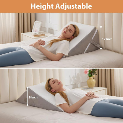 BIEEZZK Wedge Pillow Set for After Surgery, Wedge Pillow for Acid Reflux, Bed Wedge Pillow with Adjustable 9&12inch for Headboard,Sleeping, Orthopedic Memory Foam for Neck&Back Support, White/Grey