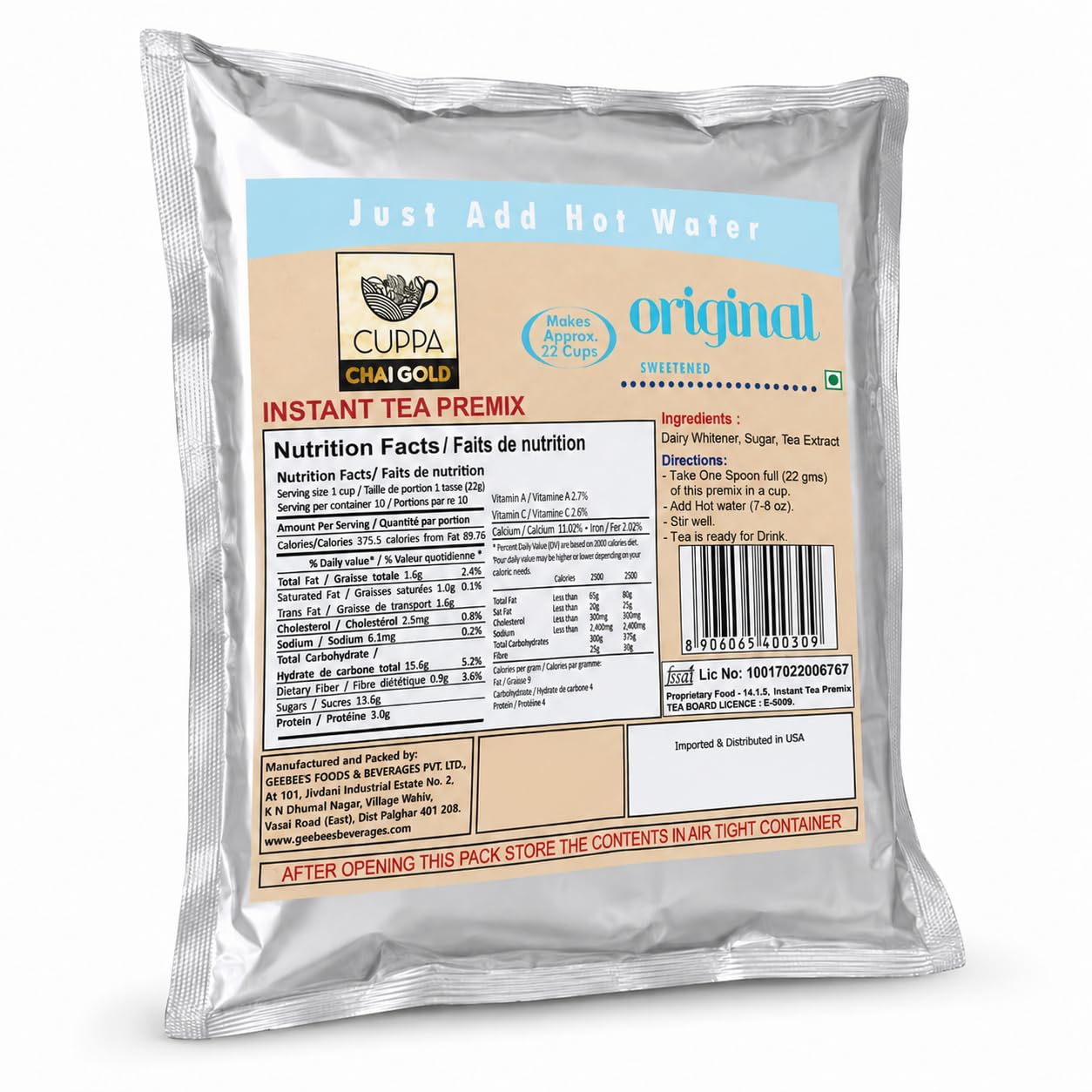 Chai Gold Instant Chai Tea Premix Powder - Sweetened Milk Tea Latte Mix for Home and Beverage Dispensers - [500g / 1.1 lb Bulk Bag] (Kadak)