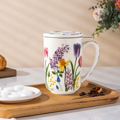 GBhome Tea Mug with Infuser and Lid, 18 Ounce Large Ceramic Loose Leaf Cup, Microwave, Dishwasher Safe, Perfect for Tea Lovers
